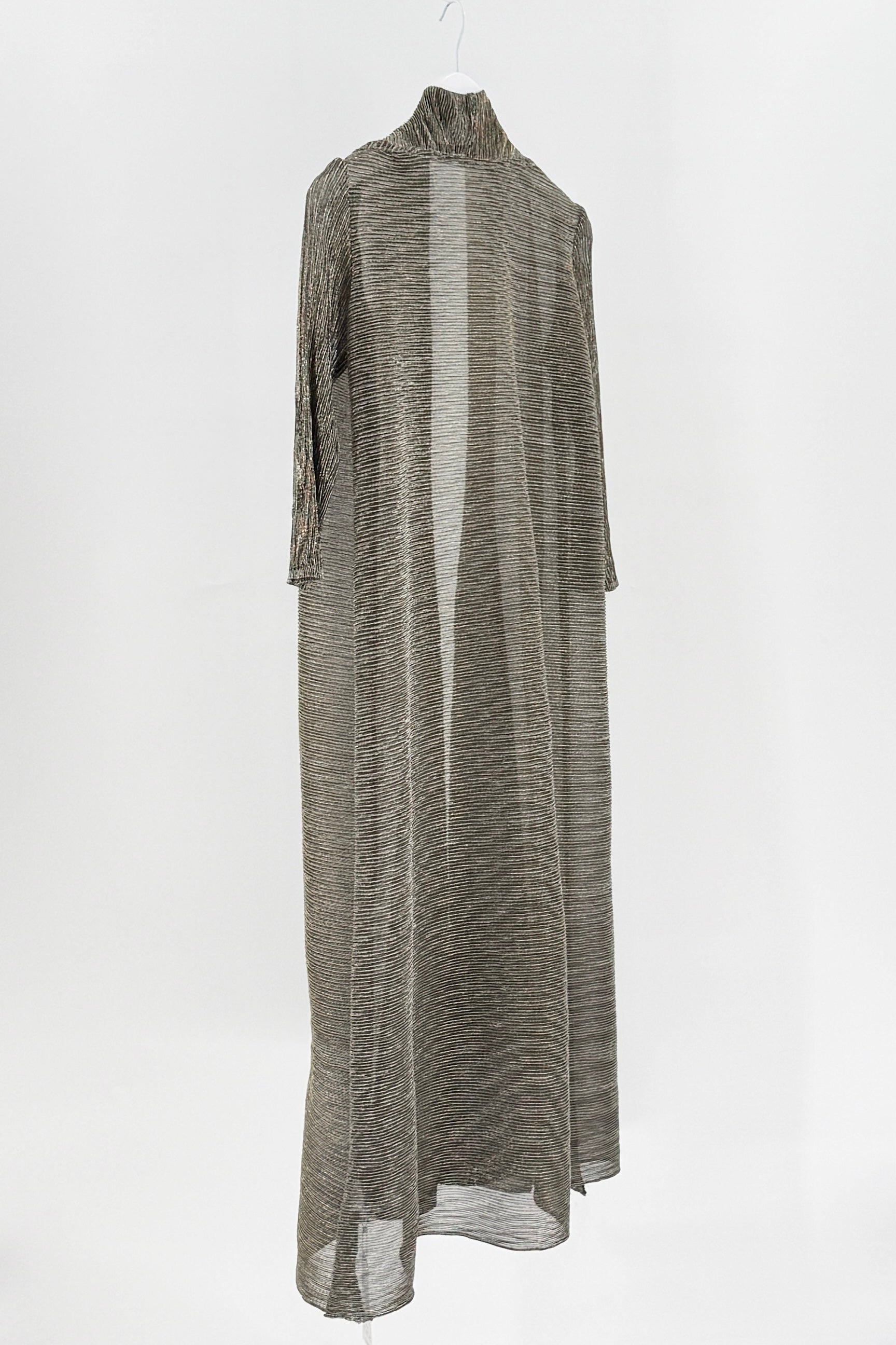 Long, gray dress with a high neckline on a white background