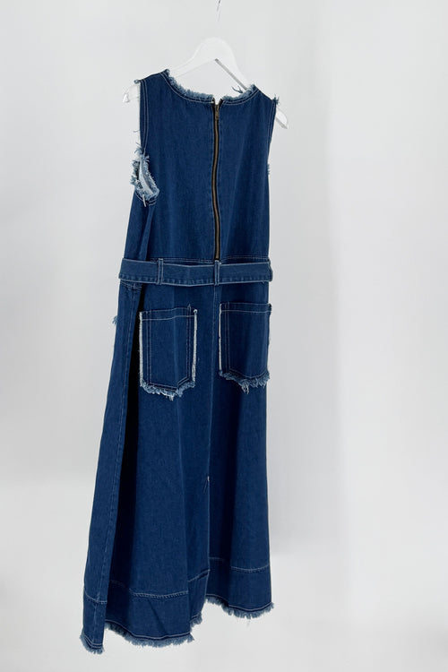 Blue denim dress with a zipper on a white background