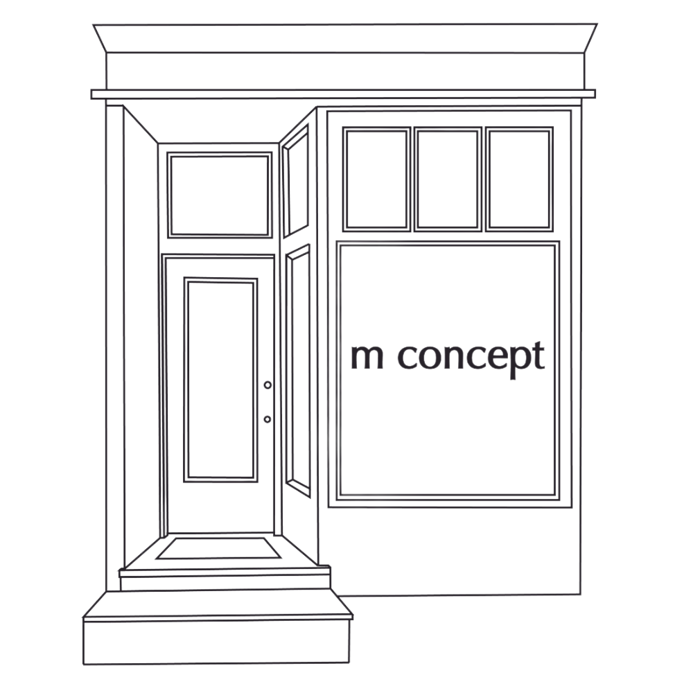 Line drawing of a building with one door and one window with 'm concept' text.